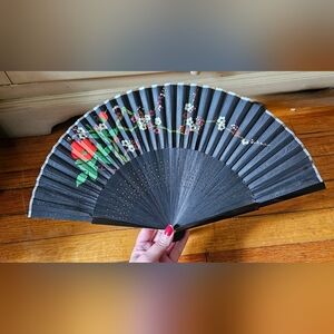 Vintage oriental floral flower hand fan black can be used as a wall decoration H